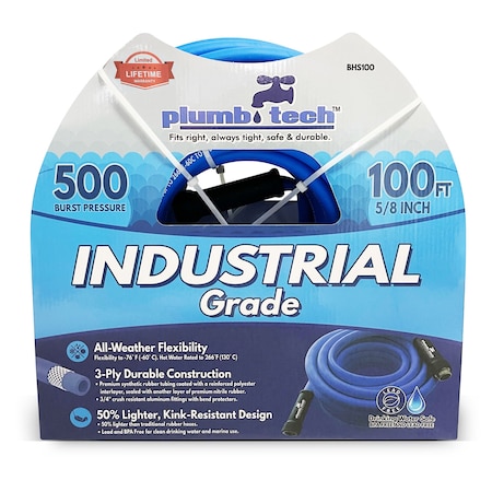 Plumb Tech 5/8 in ID x 100 ft L Water Hose, Rubber Tube, Blue BHS100